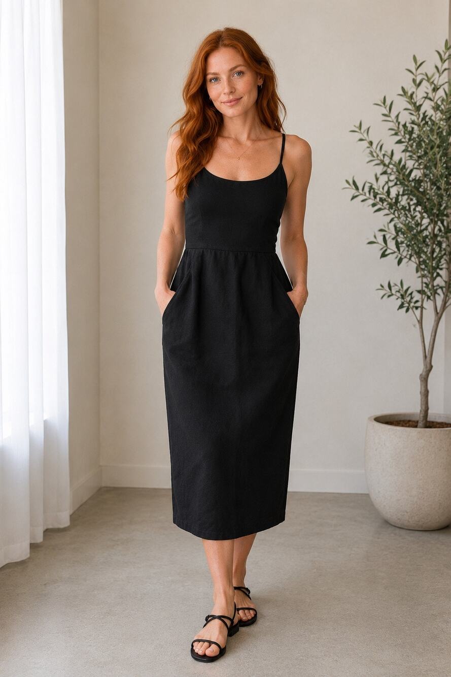 Quince Black Linen Blend Midi Dress XS Smocked Back Pockets Minimal Classic